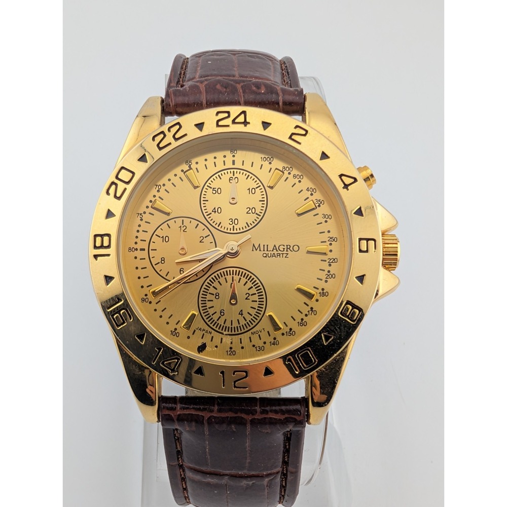 Milagro Watch Men 40mm Gold Case Brown Faux Leather Band- New Battery‎